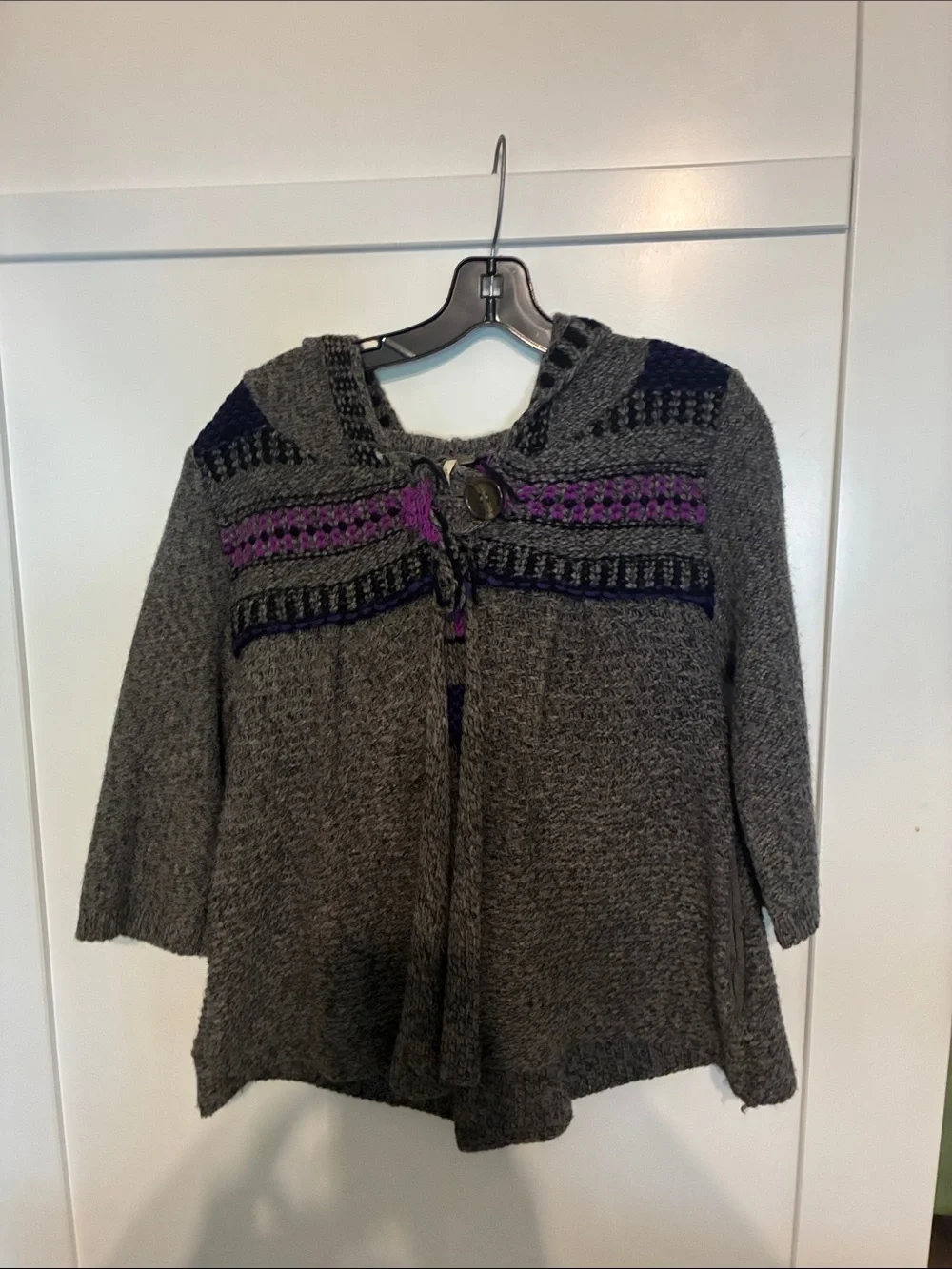 Free People Gray Hooded Knit Cardigan with Purple Trim
